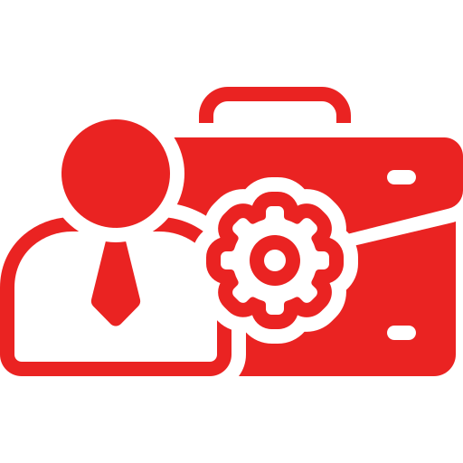 Red graphic depicting a professional figure with a briefcase and gear symbol, representing business management and operational efficiency.