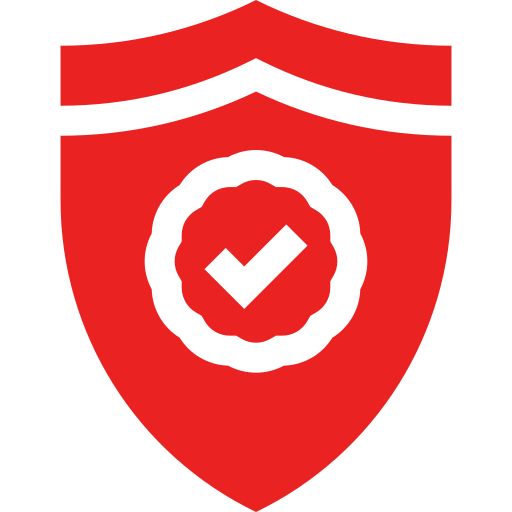 Red shield icon featuring a check mark within a circular badge, symbolizing security and trustworthiness for online services.