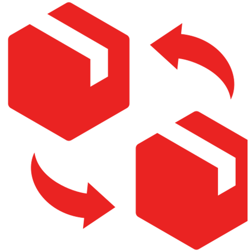 Red arrows depict a two-way exchange between red boxes, symbolizing product returns or exchanges, relevant to e-commerce processes.